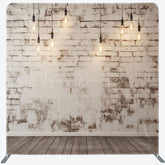 Lofaris Rustic White Brick Wall Tension Fabric Backdrop Loft with Edison Bulbs and Wood Floor Photography Studio Prop